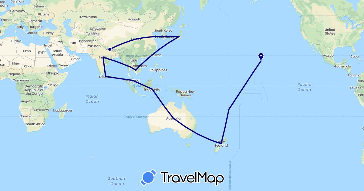 TravelMap itinerary: driving in Australia, China, Fiji, Indonesia, India, Japan, South Korea, Sri Lanka, Malaysia, Nepal, New Zealand, Thailand, United States (Asia, North America, Oceania)