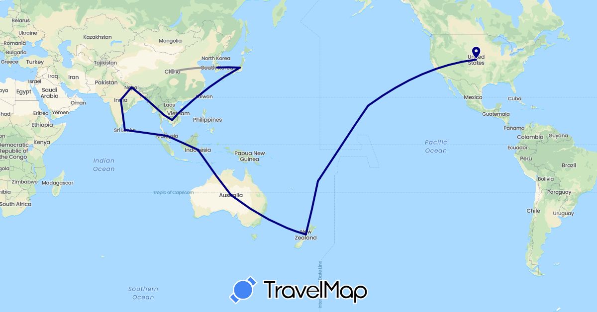 TravelMap itinerary: driving, plane in Australia, Fiji, Indonesia, India, Japan, South Korea, Sri Lanka, Malaysia, Nepal, New Zealand, Thailand, United States (Asia, North America, Oceania)