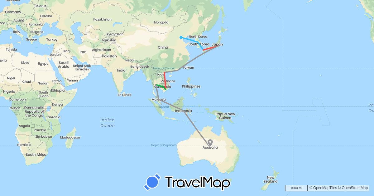 TravelMap itinerary: bus, plane, hiking, boat in China, Indonesia, Japan, South Korea, Malaysia, Thailand, Vietnam (Asia)
